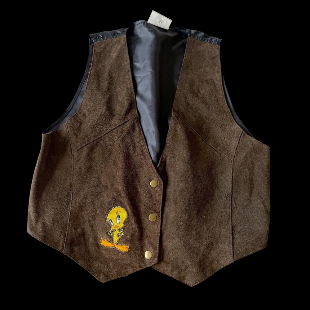 Looney Tunes Tweety Bird Brown Suede Leather Vest Women M/L Vintage 90s 1998
